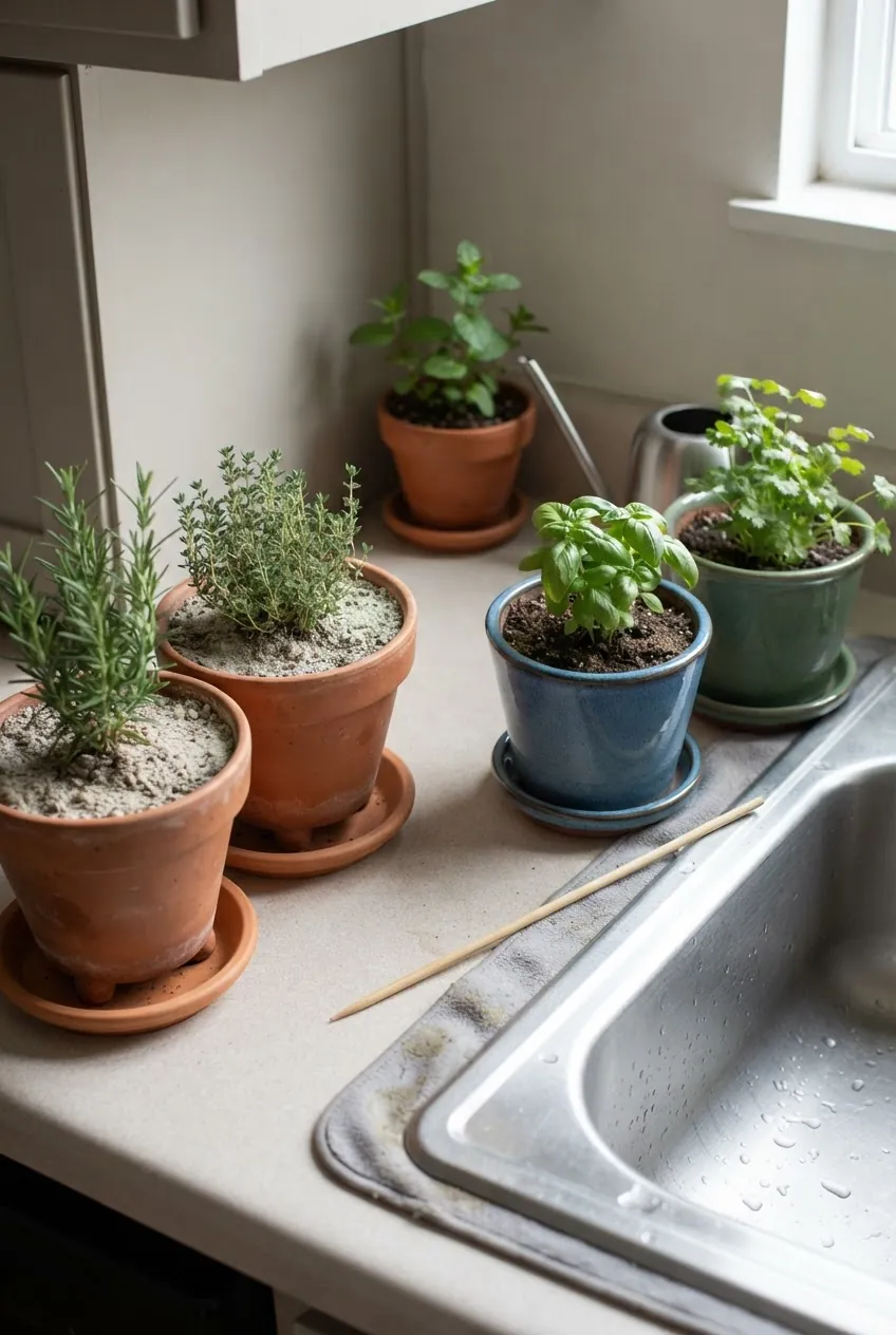 Separate herb pots on drainage trays for different watering needs indoors