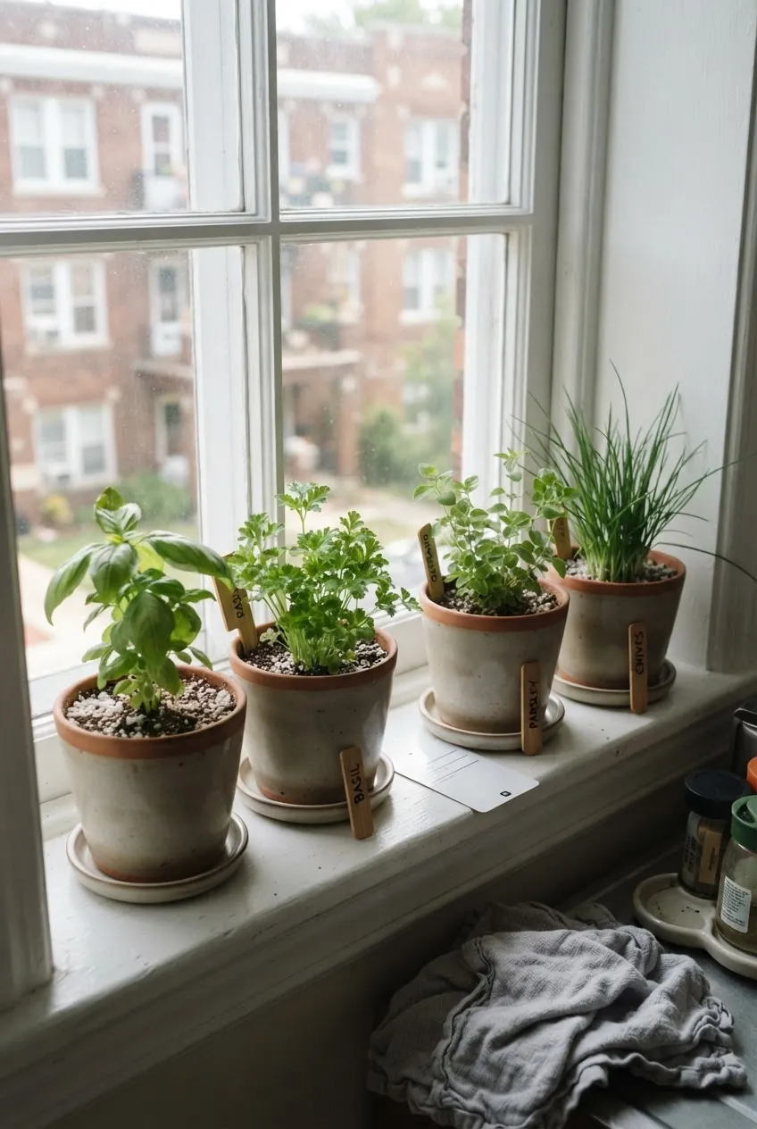 Sunny windowsill with beginner herb pots positioned for indoor light