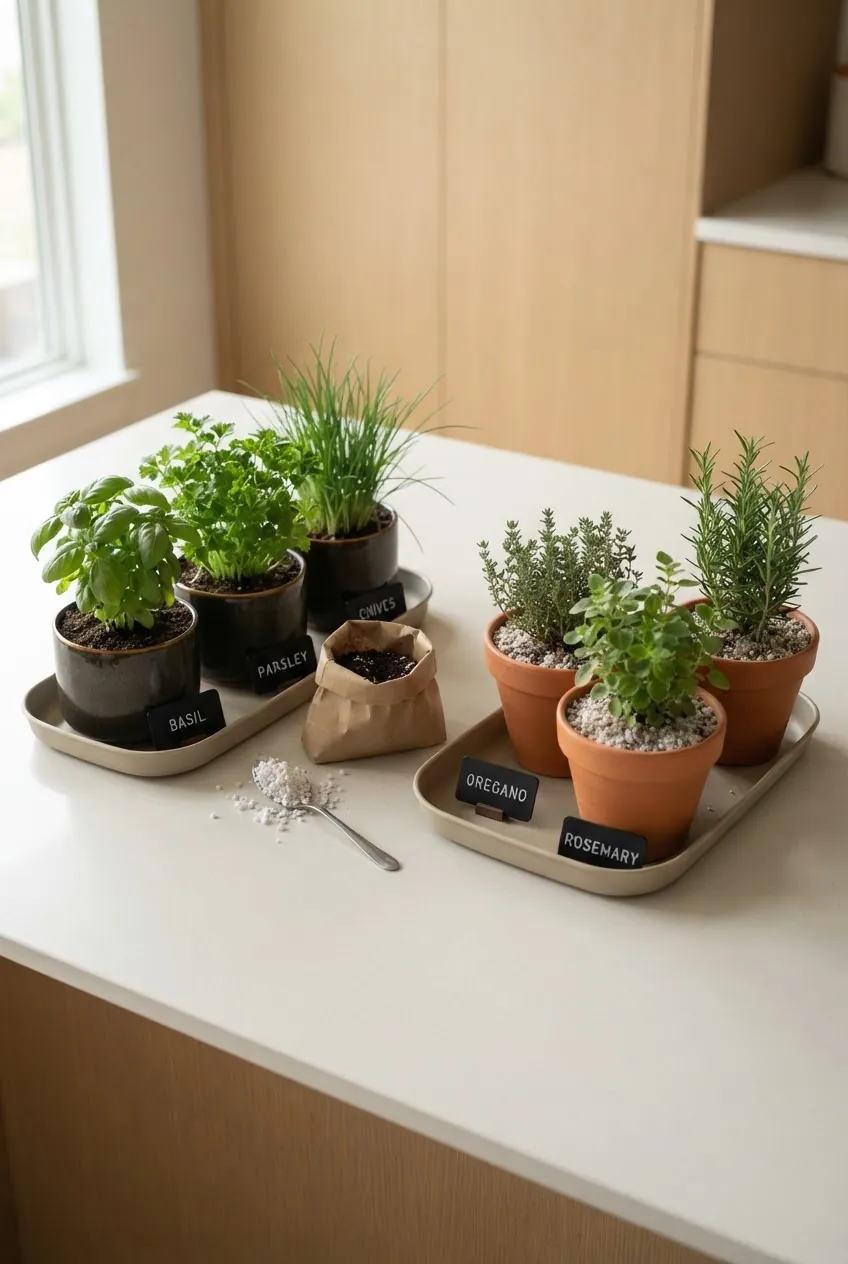 Indoor herbs arranged in care groups for planting together successfully