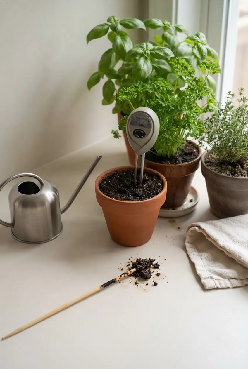 Checking indoor herb soil moisture before watering potted herbs