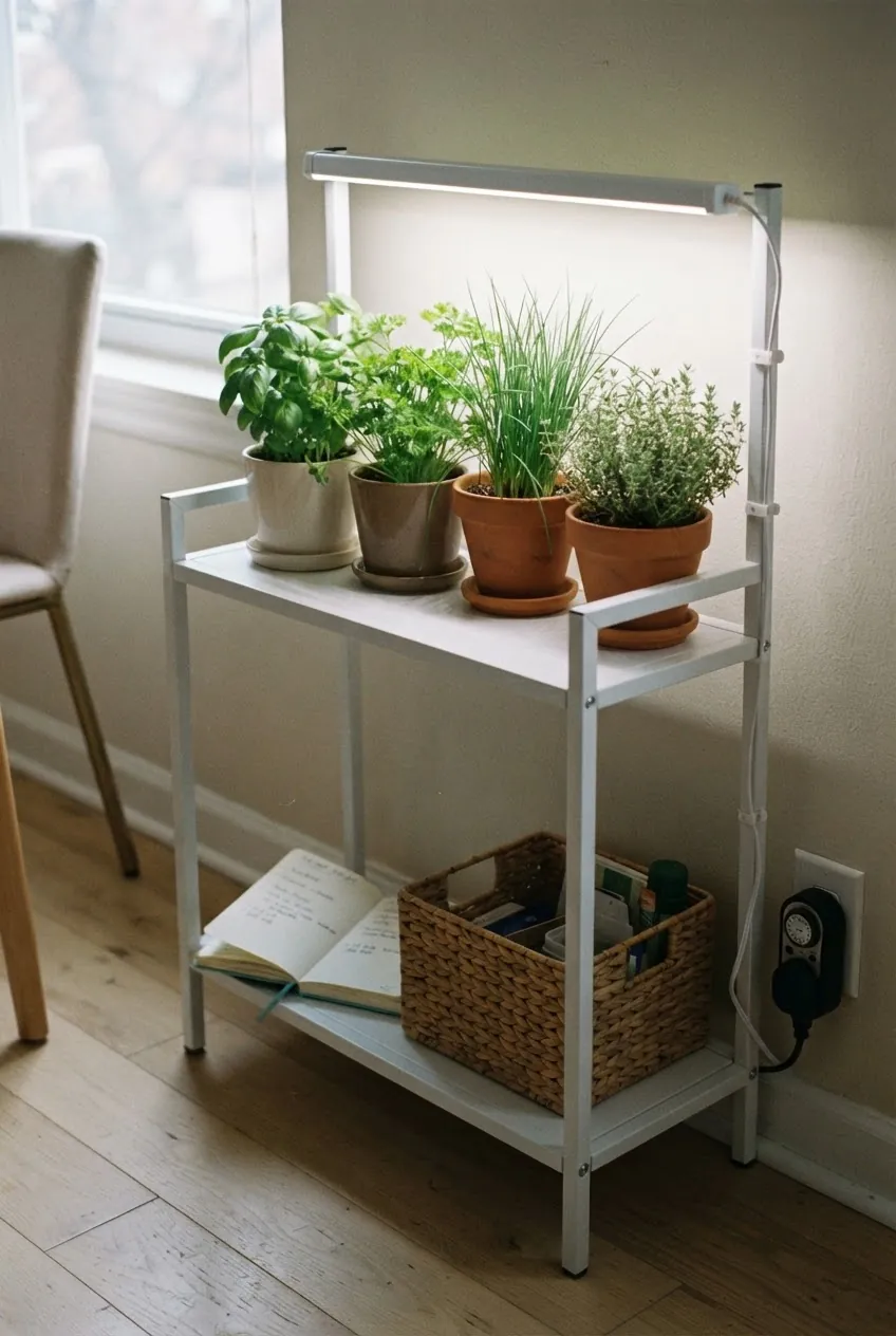 Apartment herb garden shelf with small grow light for weak windows