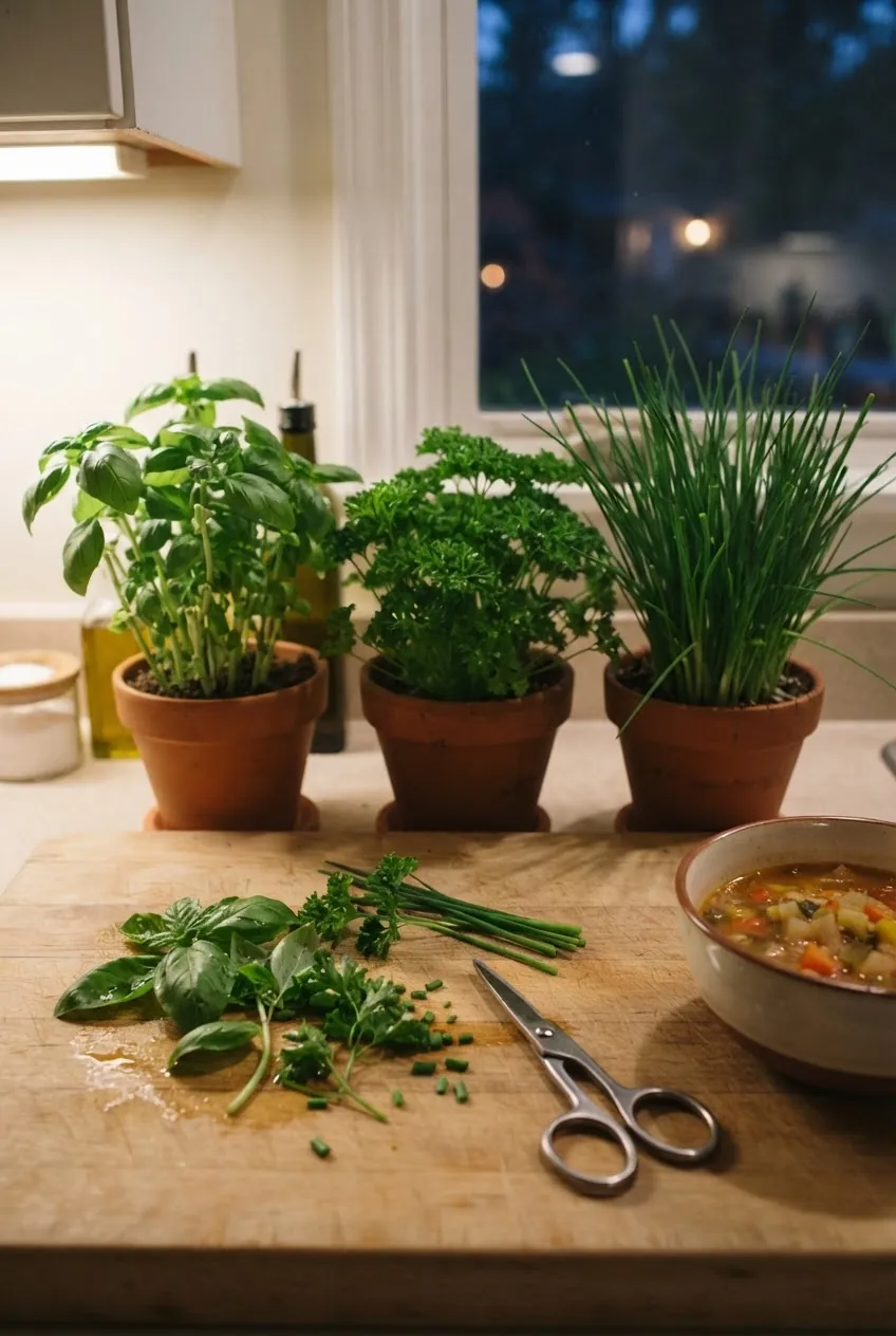 Freshly harvested basil, parsley, and chives from an indoor kitchen herb garden