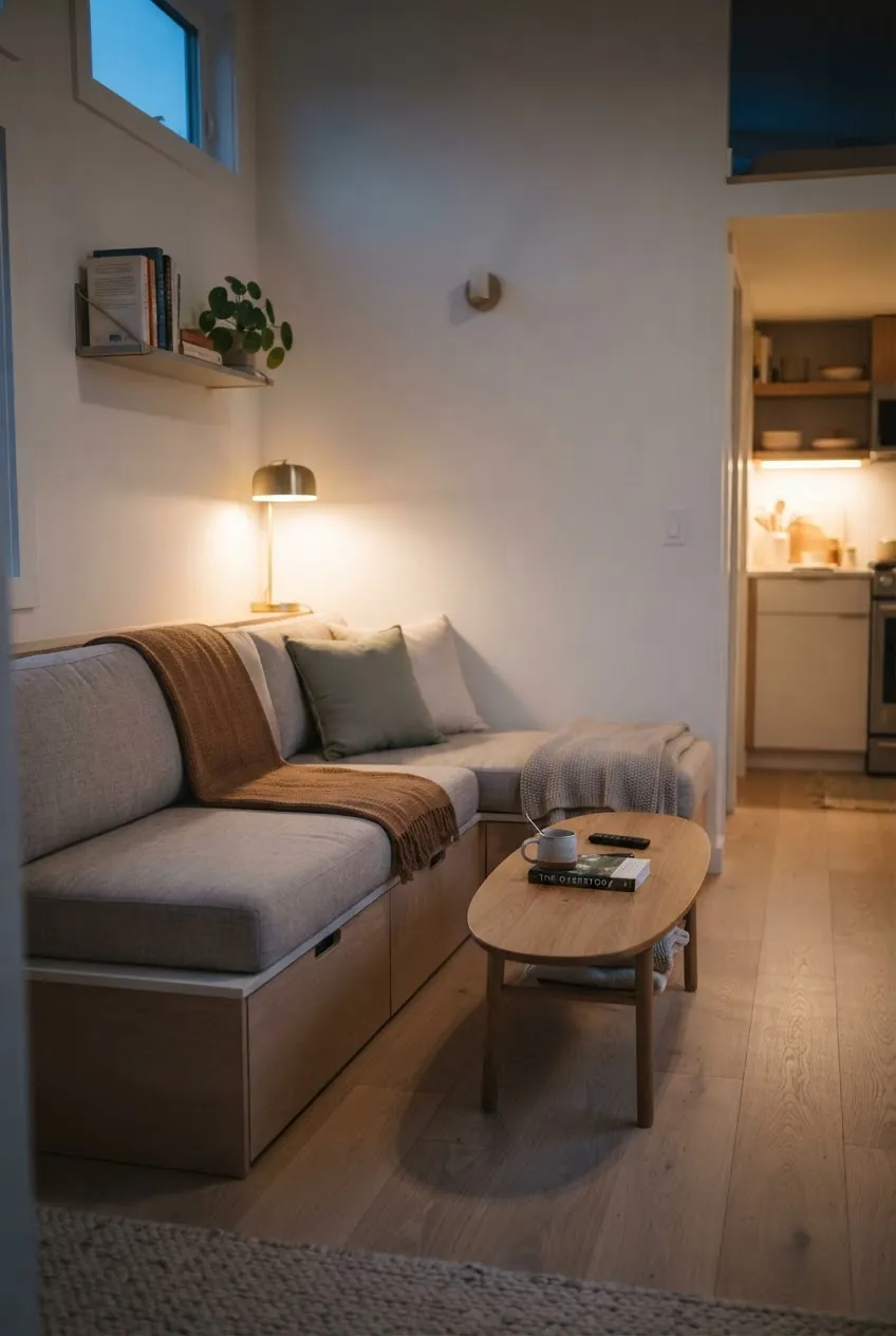 Tiny house living area with a real sofa, warm lighting, and hidden storage