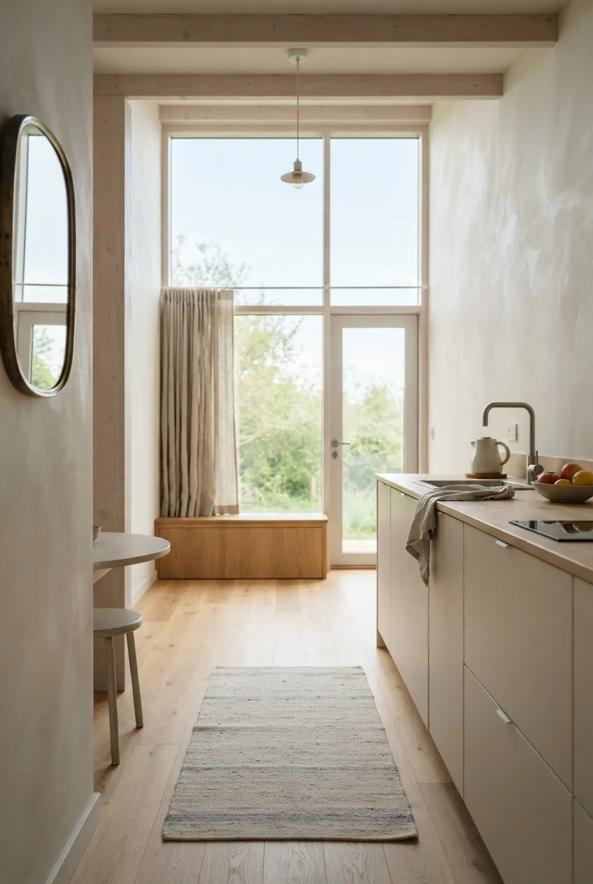 Modern tiny house interior using tall windows and light finishes to feel spacious