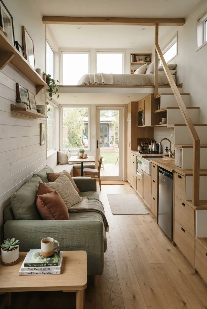 Comfortable modern tiny house interior that feels like a permanent home