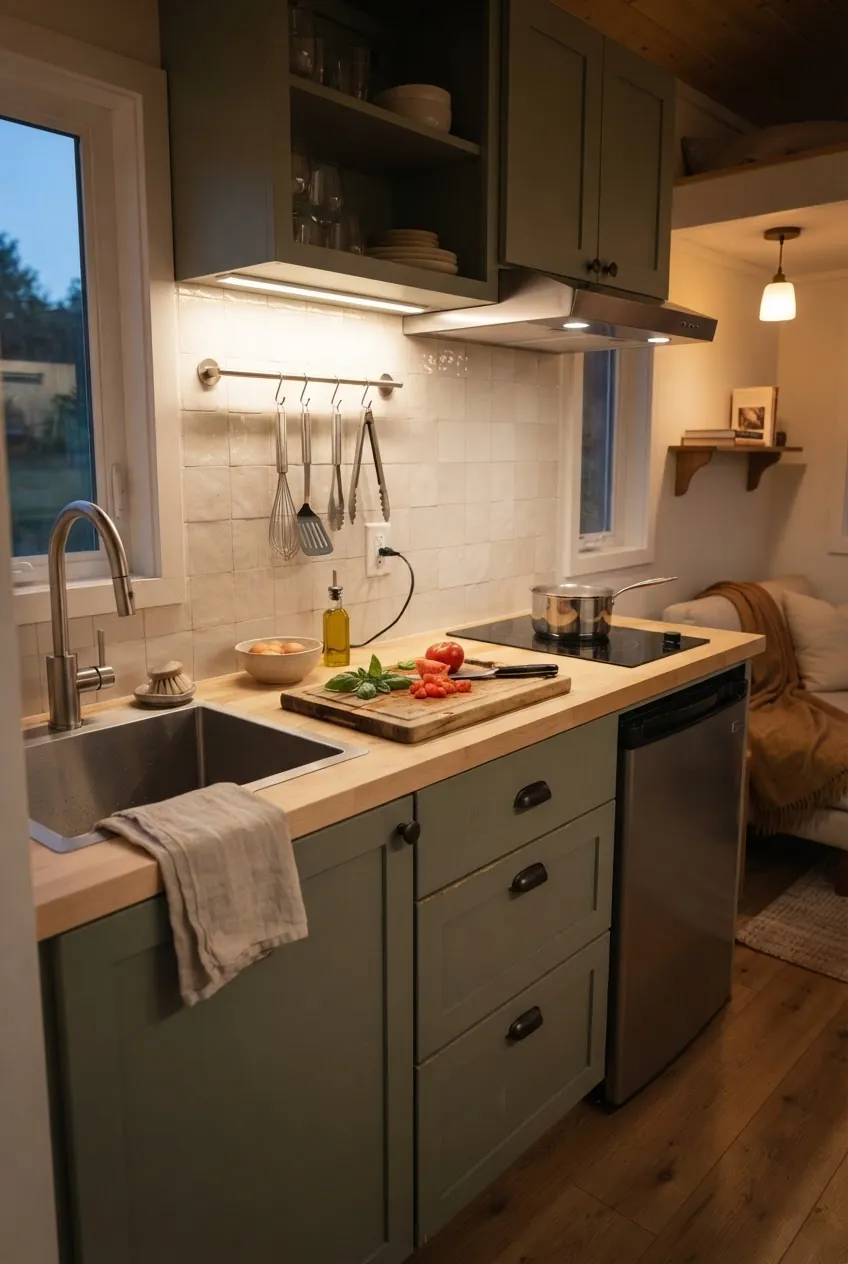 Compact tiny house kitchen with real prep space, vent hood, and organized storage