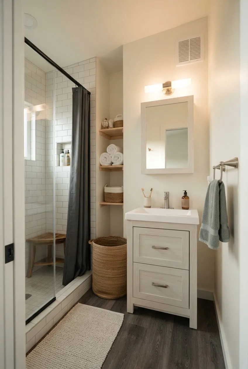 Tiny house bathroom and utility area with durable finishes and proper ventilation