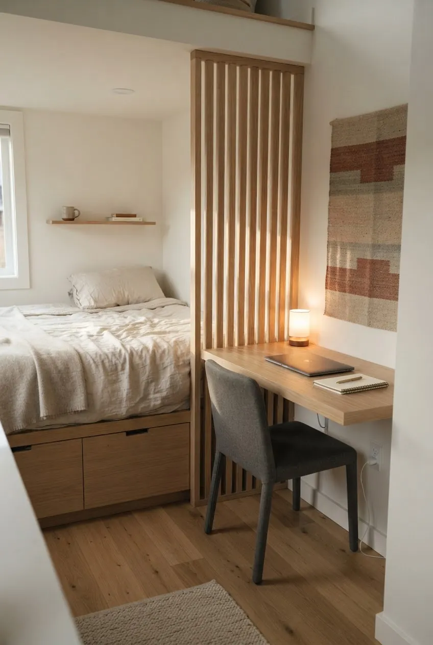 Tiny house layout with a calm sleeping area and a small separate work zone