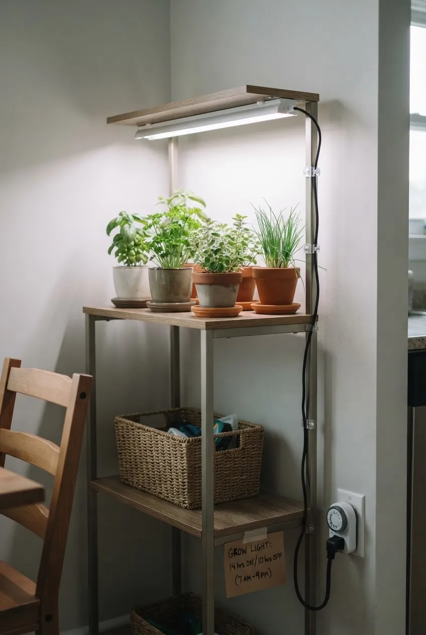 DIY indoor herb garden shelf with close LED grow light and timer