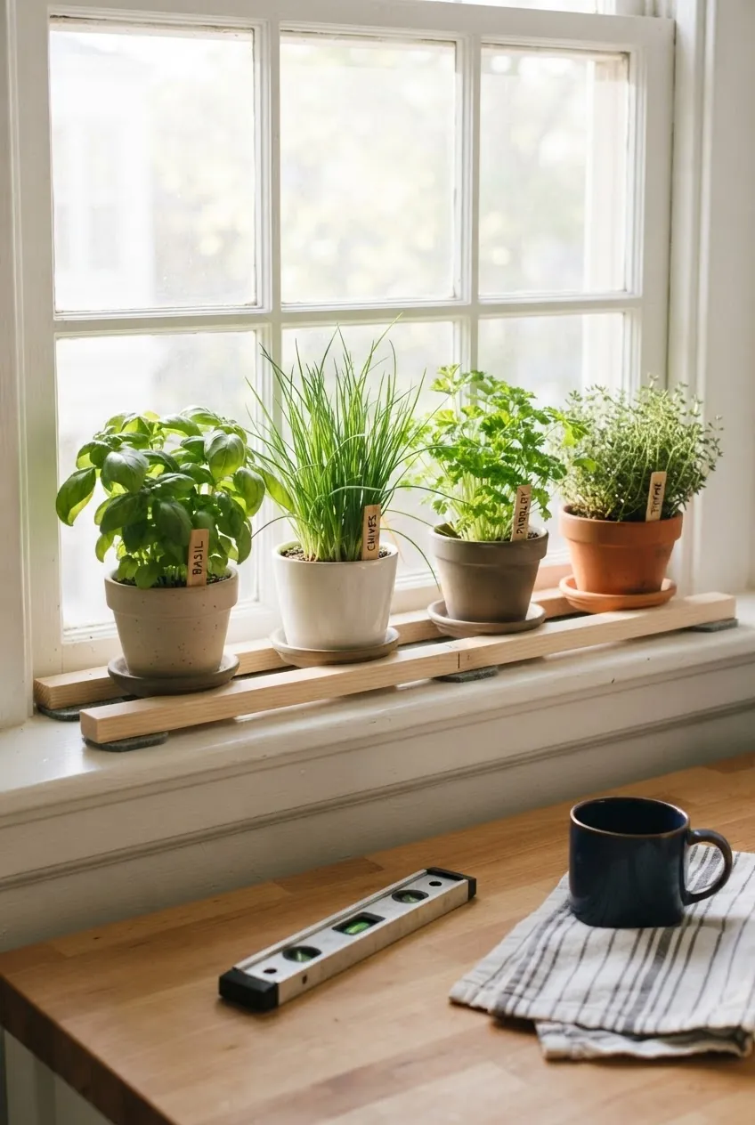 DIY windowsill rail holding separate indoor herb pots
