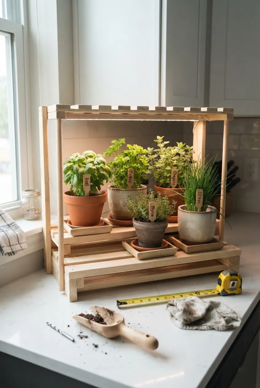 DIY indoor herb garden shelf with potted herbs, drainage trays, and a slim grow light