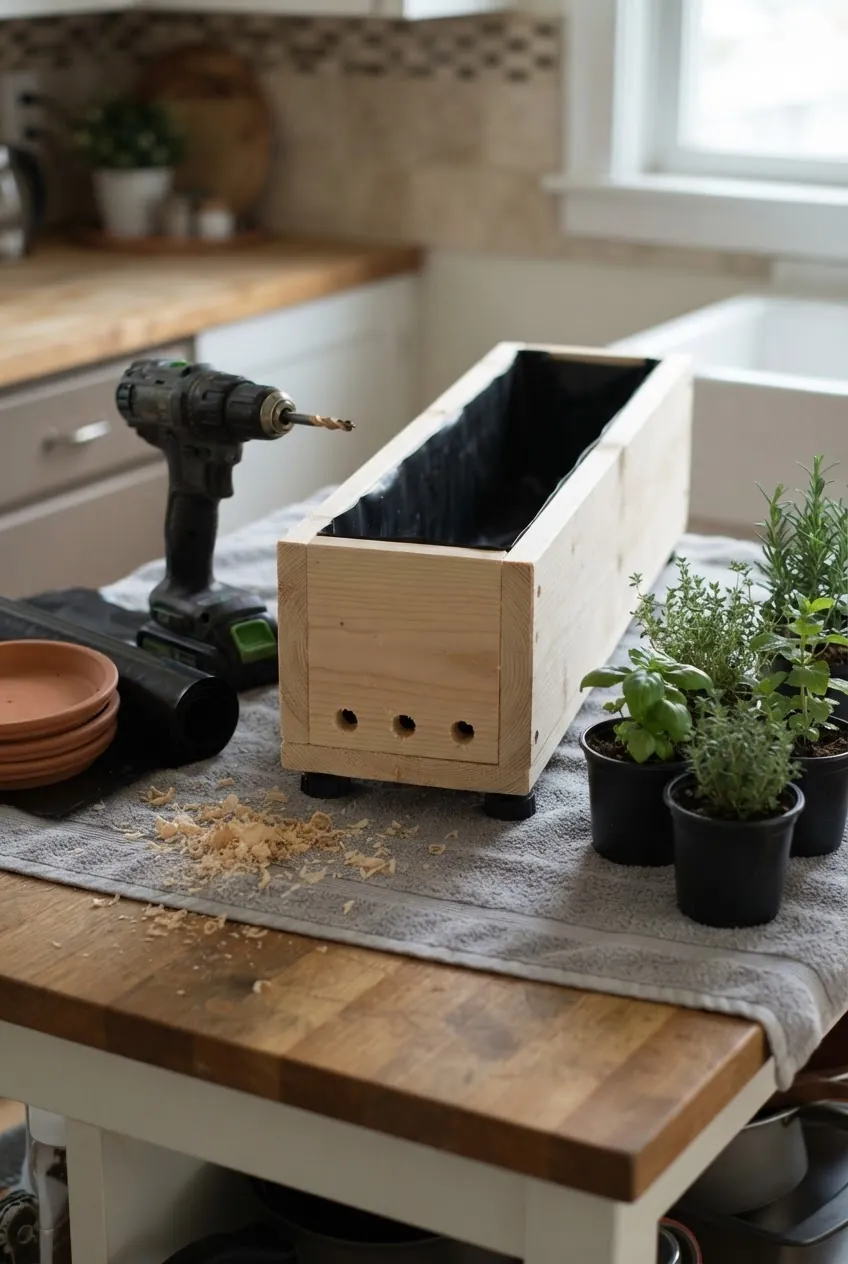 DIY herb planter box with drainage holes, pot feet, and saucers