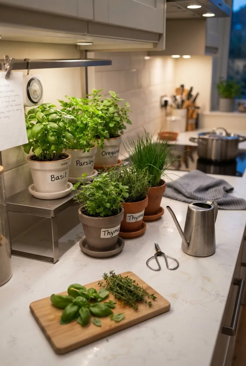 Finished DIY indoor herb garden with labels, saucers, pruning scissors, and watering note