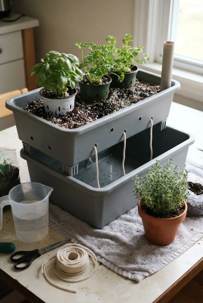 DIY self-watering herb planter with wick, reservoir, and separate herb pots
