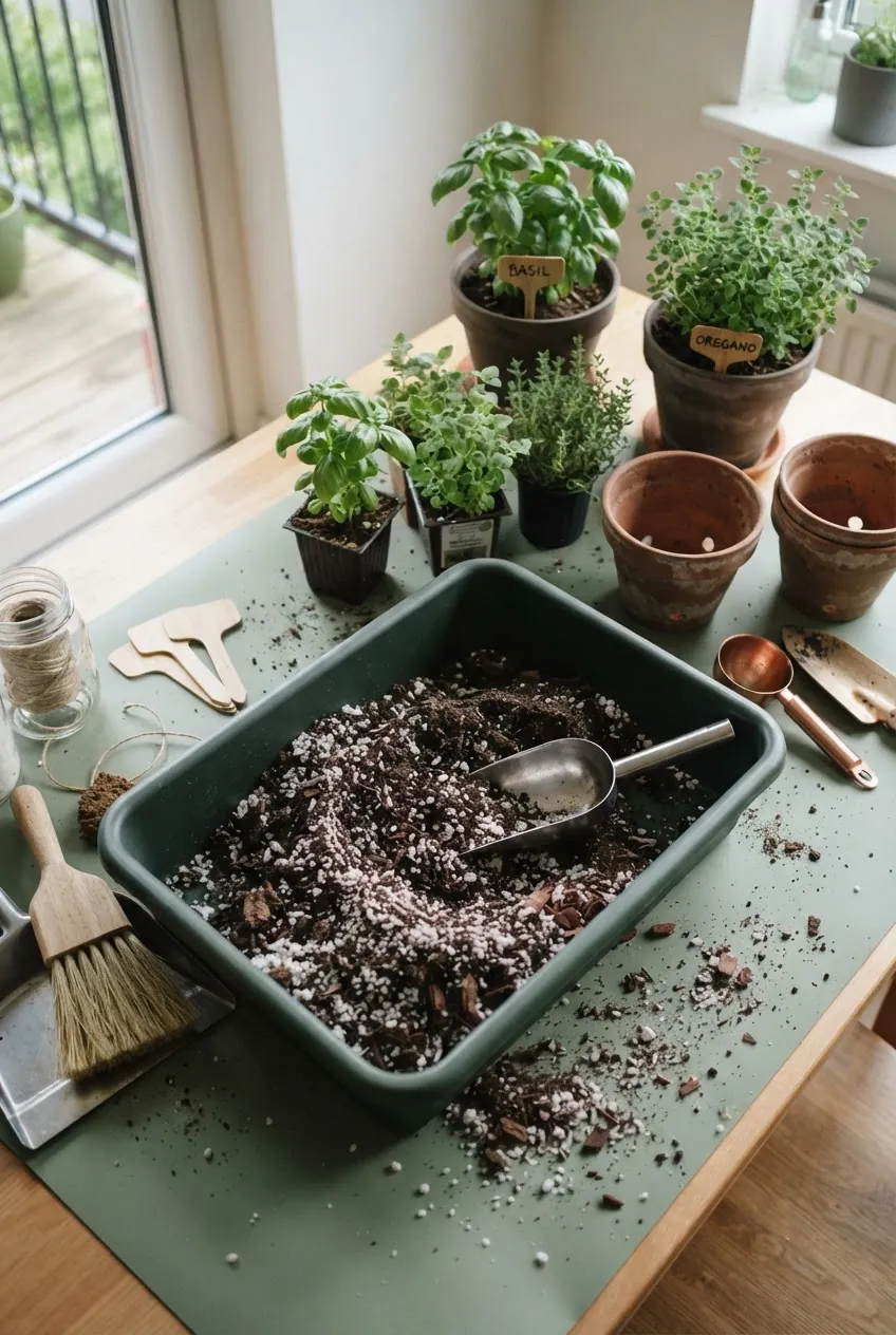 DIY indoor herb garden soil mix with potting mix, perlite, and bark for potted herbs
