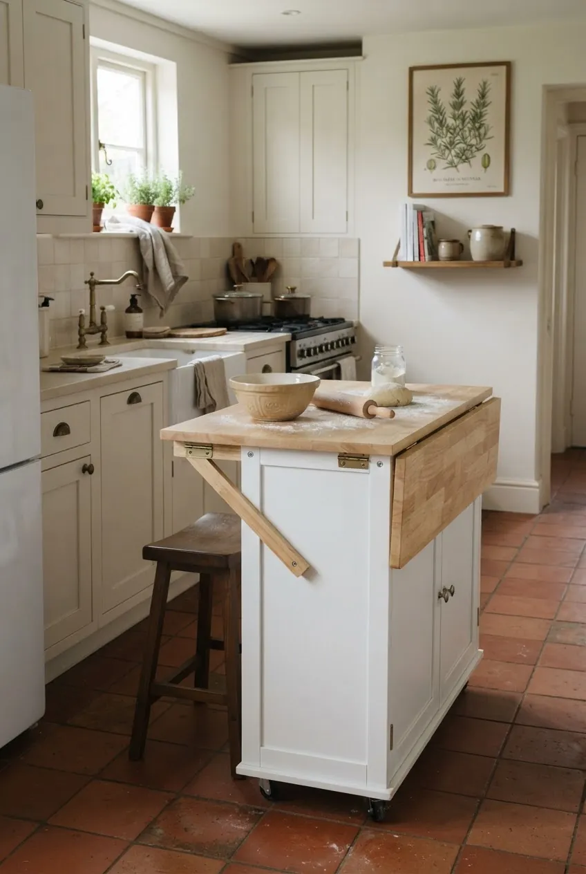 Drop leaf mini kitchen island with the leaf raised for extra prep space