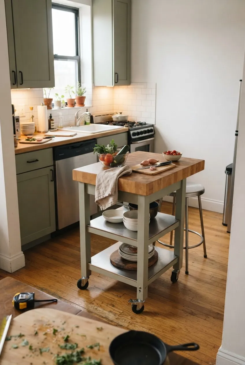 Small kitchen island ideas in a compact bright kitchen with a movable prep island