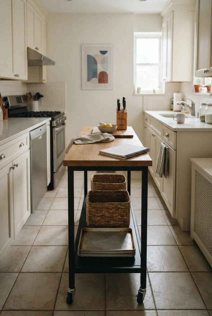 Narrow worktable island adding prep space in a small kitchen remodel