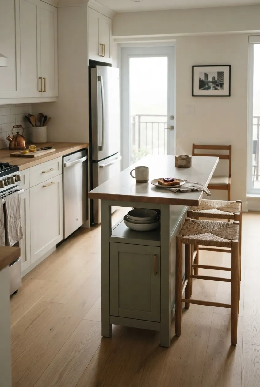 Small kitchen island with two stools tucked under a compact breakfast overhang