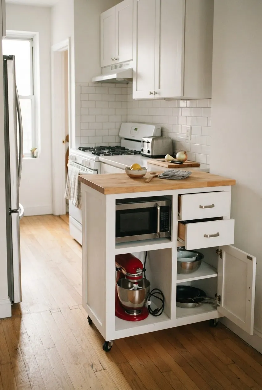 Compact storage island with a microwave shelf in a small kitchen