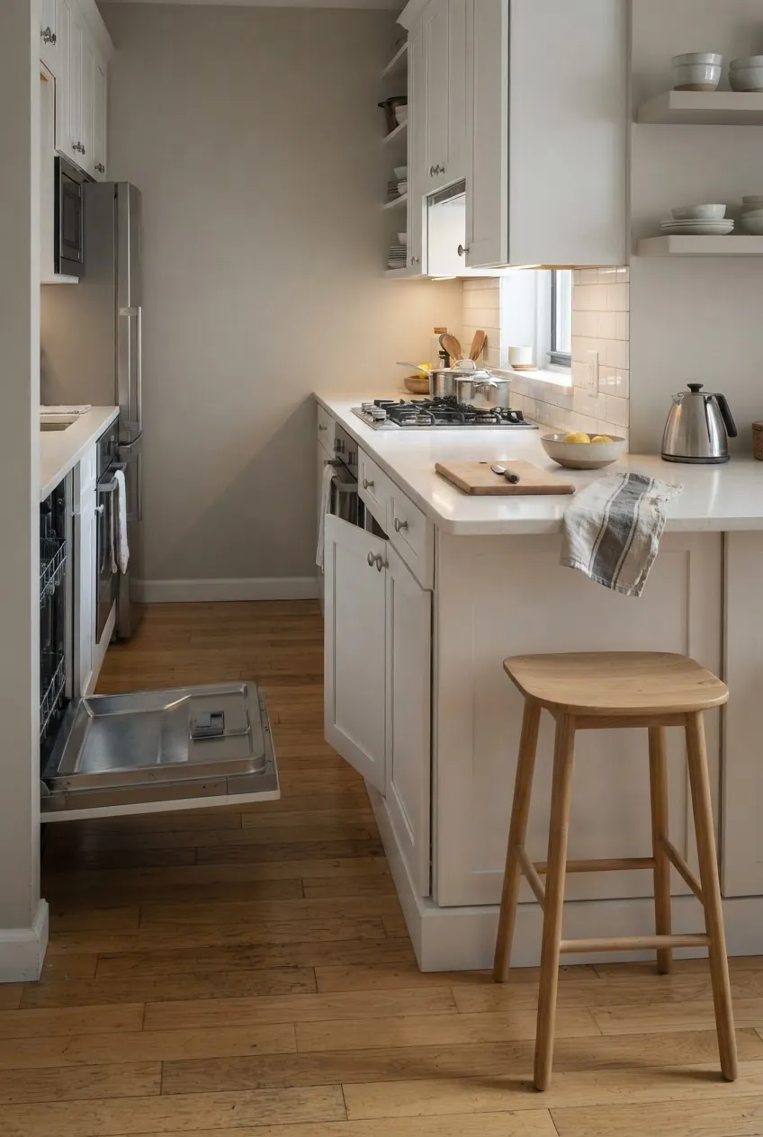Compact kitchen peninsula used like a small island with open walking space