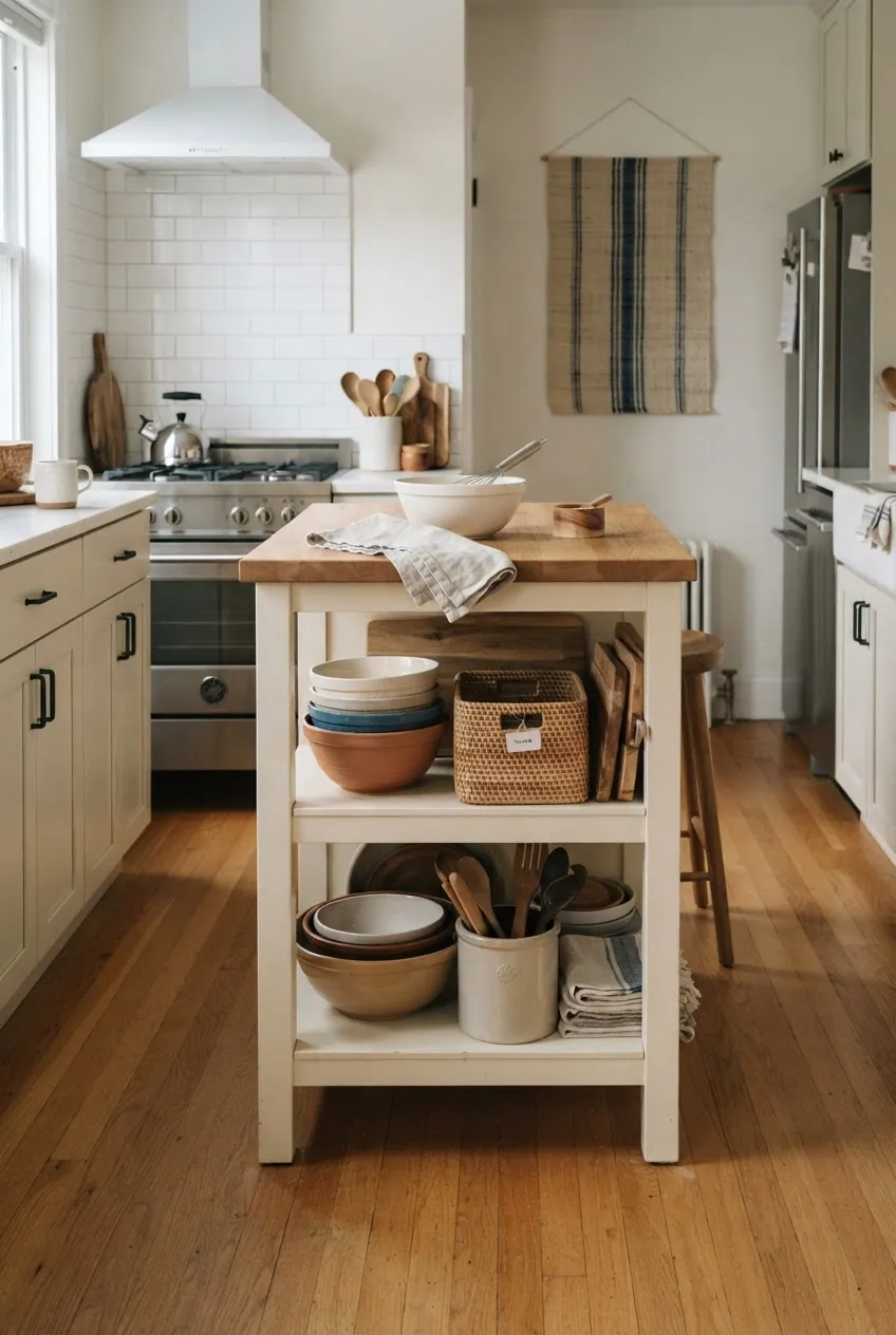 Open shelf prep island with baskets and bowls in a compact kitchen
