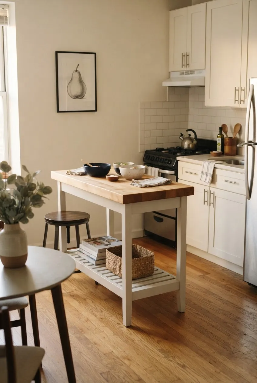 Butcher block table used as a simple kitchen island between kitchen and dining areas