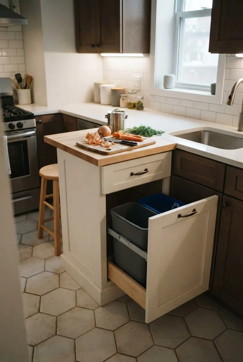Small island with pull out trash and recycling near a kitchen prep surface