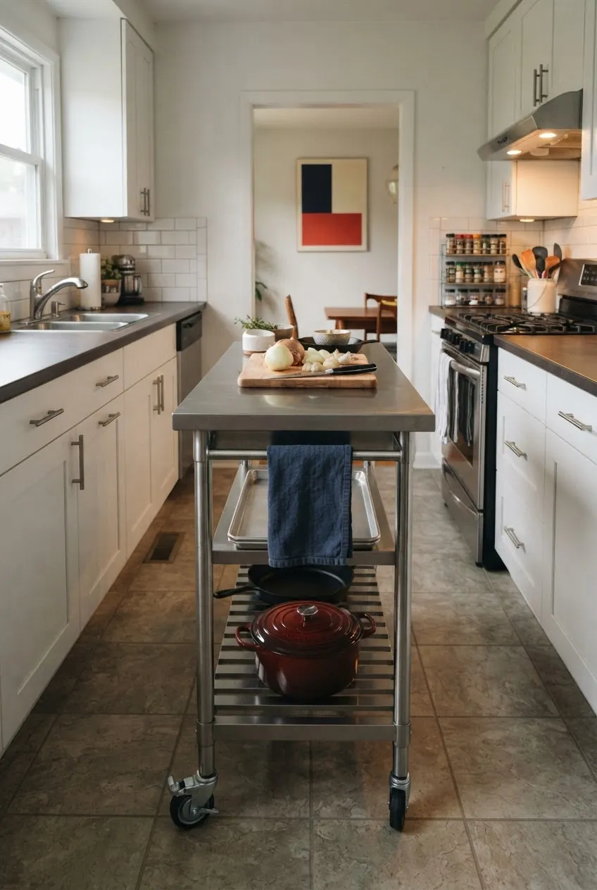 Stainless utility cart used as a small galley kitchen island
