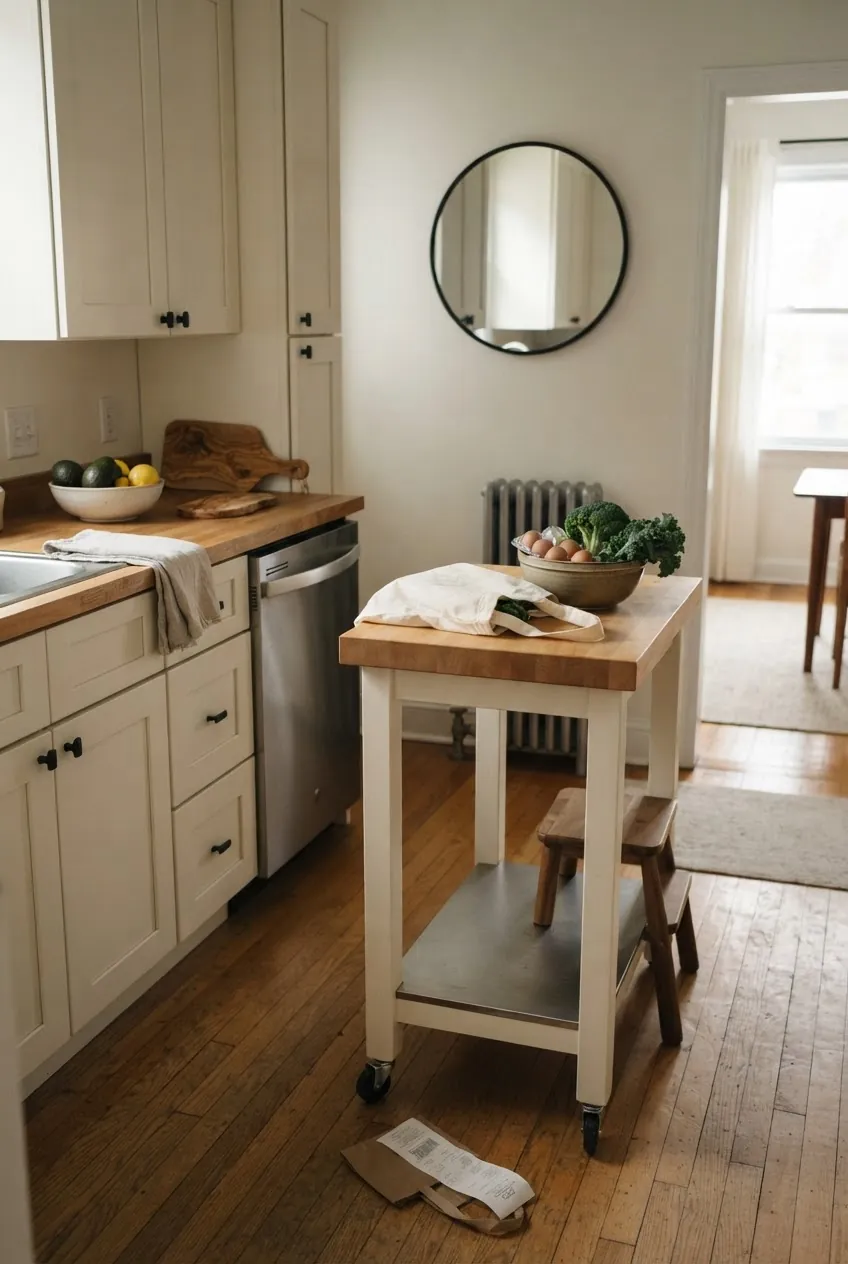 Mini kitchen island placed at the end of a cabinet run in a small kitchen