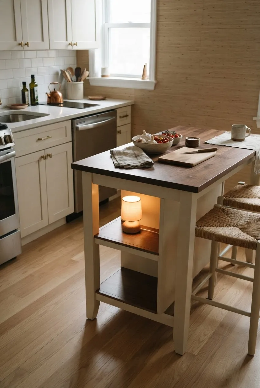 Counter height table working as both small kitchen island and dining spot