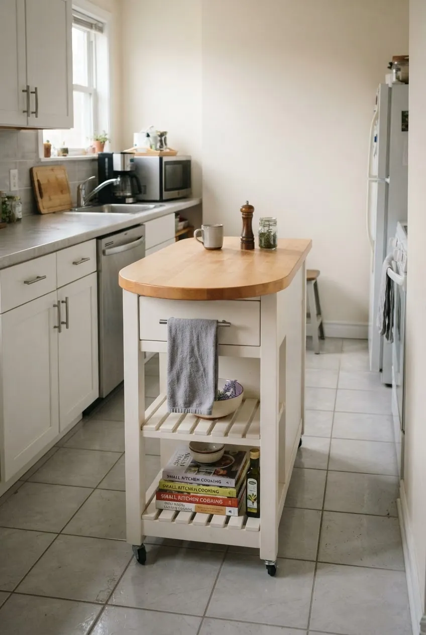 Small kitchen island with rounded ends for easier traffic flow