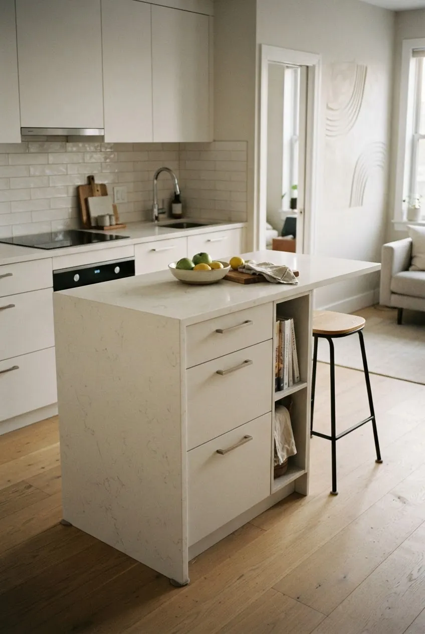 Tiny waterfall edge island giving a small kitchen a polished focal point