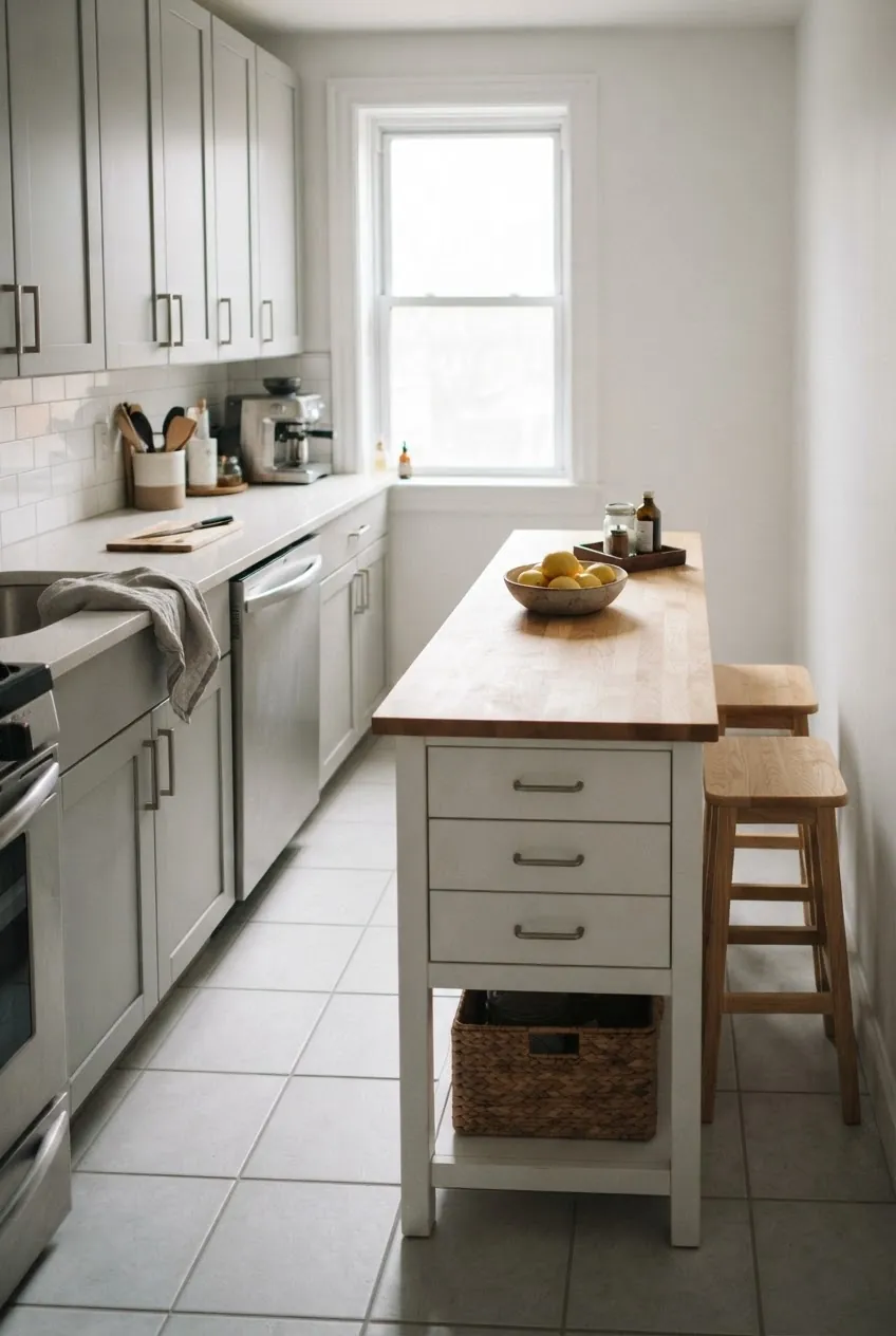 Slim island running parallel to a galley kitchen wall with clear aisles