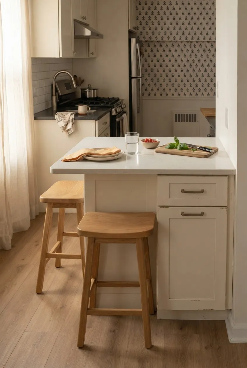 Small kitchen island seating tucked completely under a compact overhang