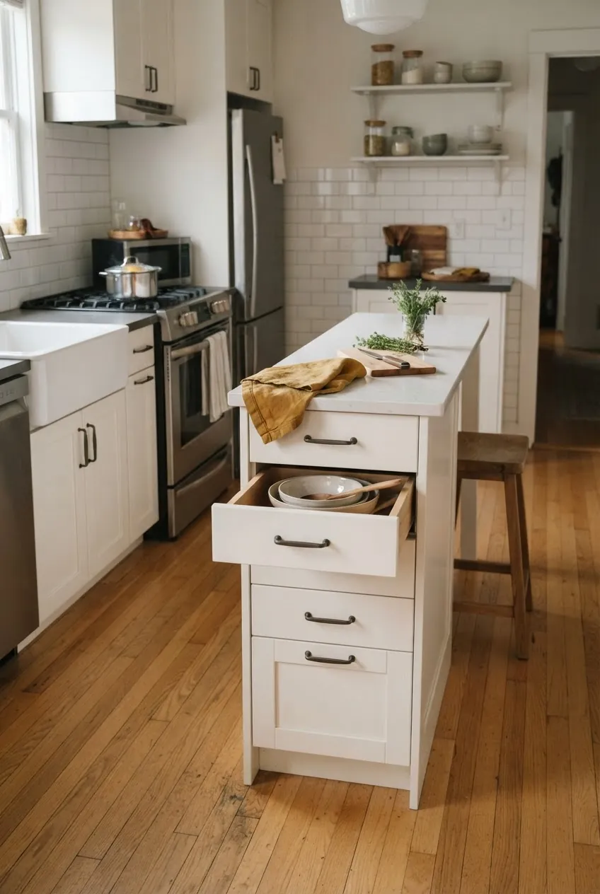 Shallow cabinet island adding storage without crowding a small kitchen