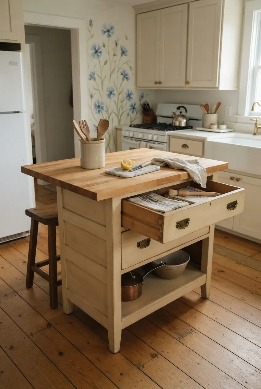 Vintage dresser repurposed as a characterful small kitchen island