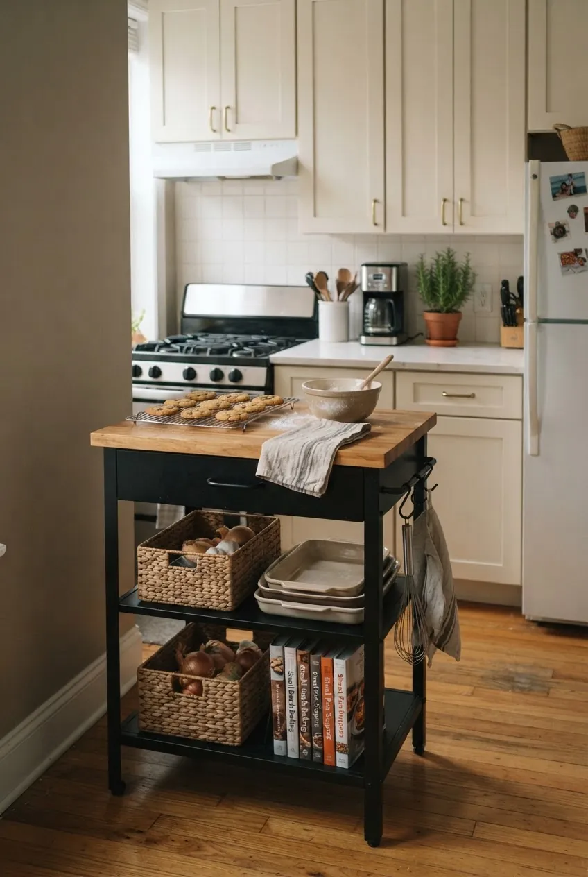 Bakers rack prep station functioning as a mini kitchen island in a small space