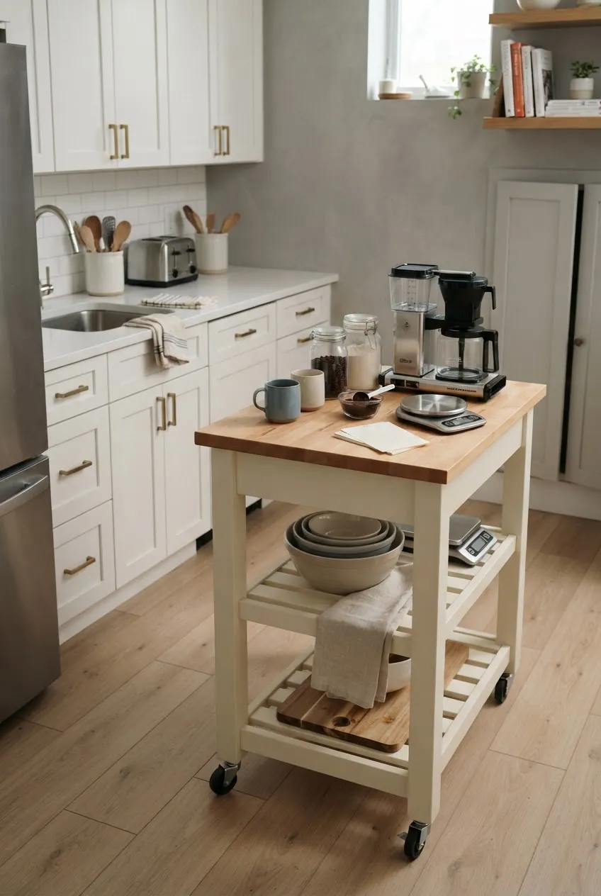 Coffee and baking cart used as a mini kitchen island in a compact apartment kitchen