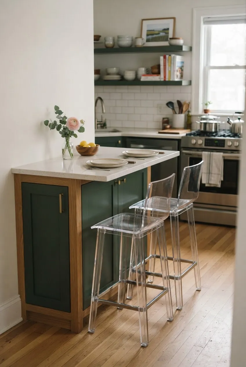 Clear stools under a small kitchen island keeping the compact room visually light