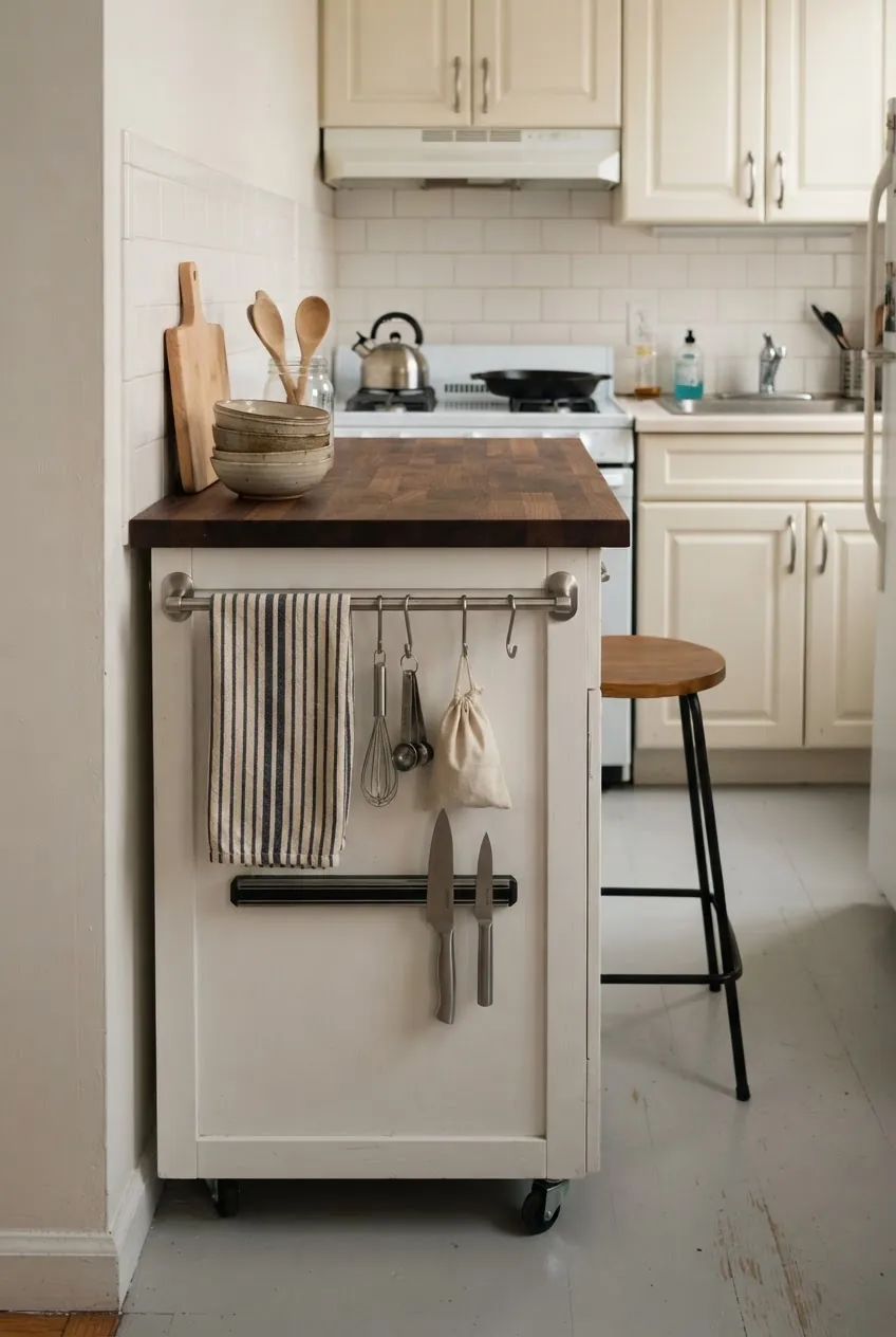 Small kitchen island with side rails hooks and towel bars for extra function