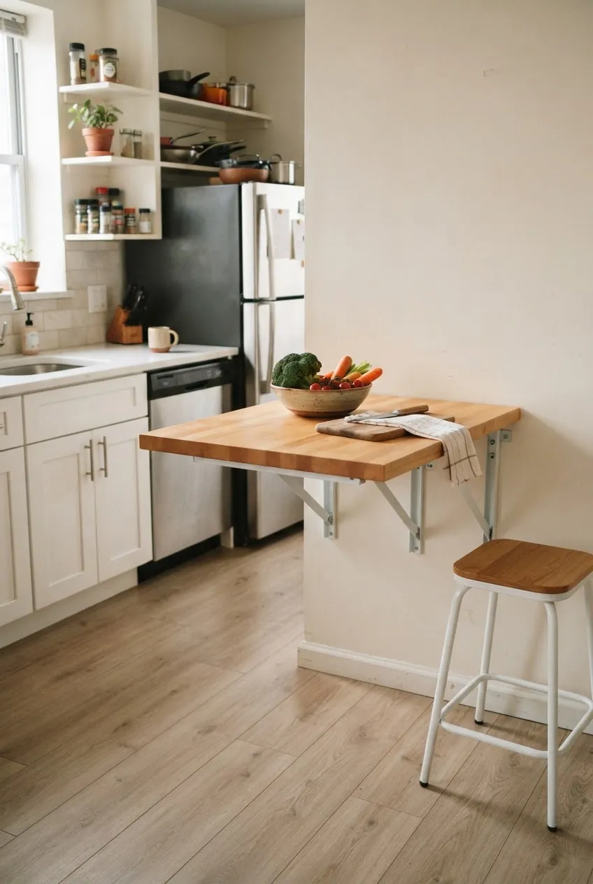 Fold down wall mounted counter used as a temporary small kitchen island alternative