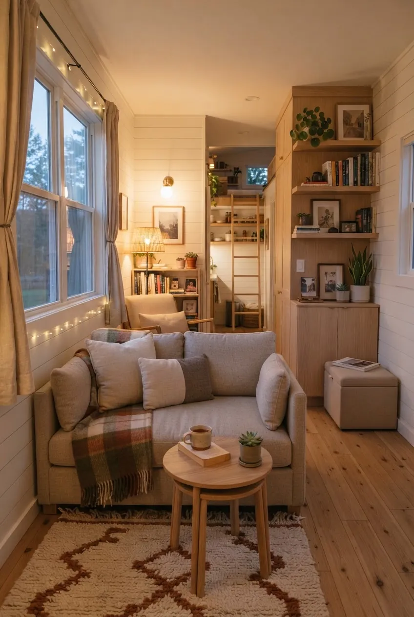 Cozy tiny house living area with compact sofa, storage ottoman, and warm lighting
