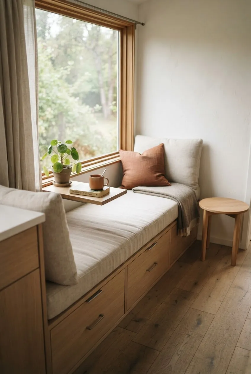 Cozy tiny house living area with a deep window lounge and warm natural light