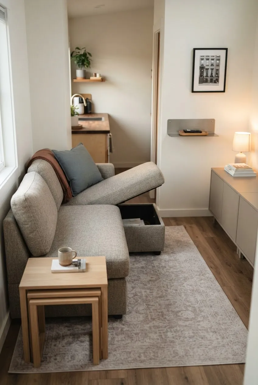 Tiny house living room layout with compact storage chaise and clear walkway