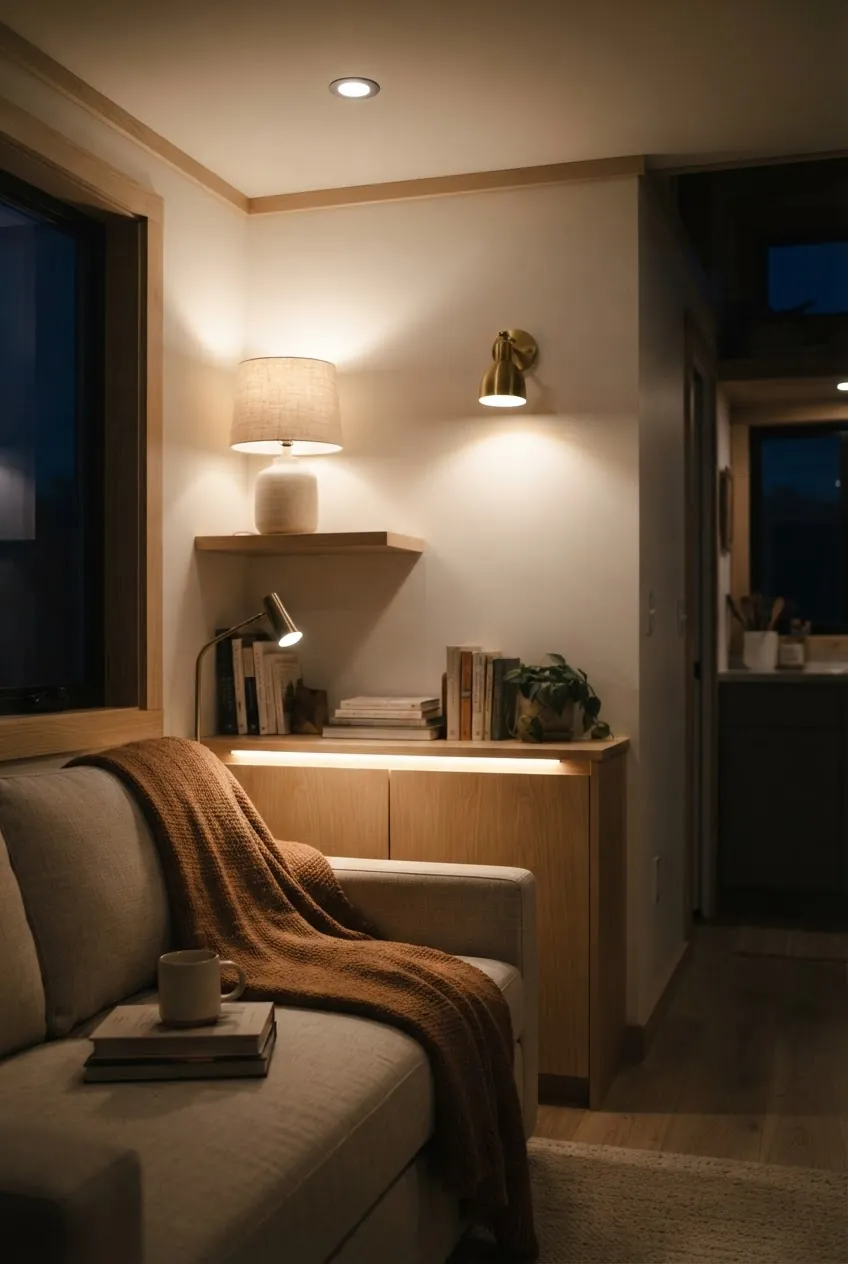 Tiny house living area with warm layered lighting, sconces, and table lamp