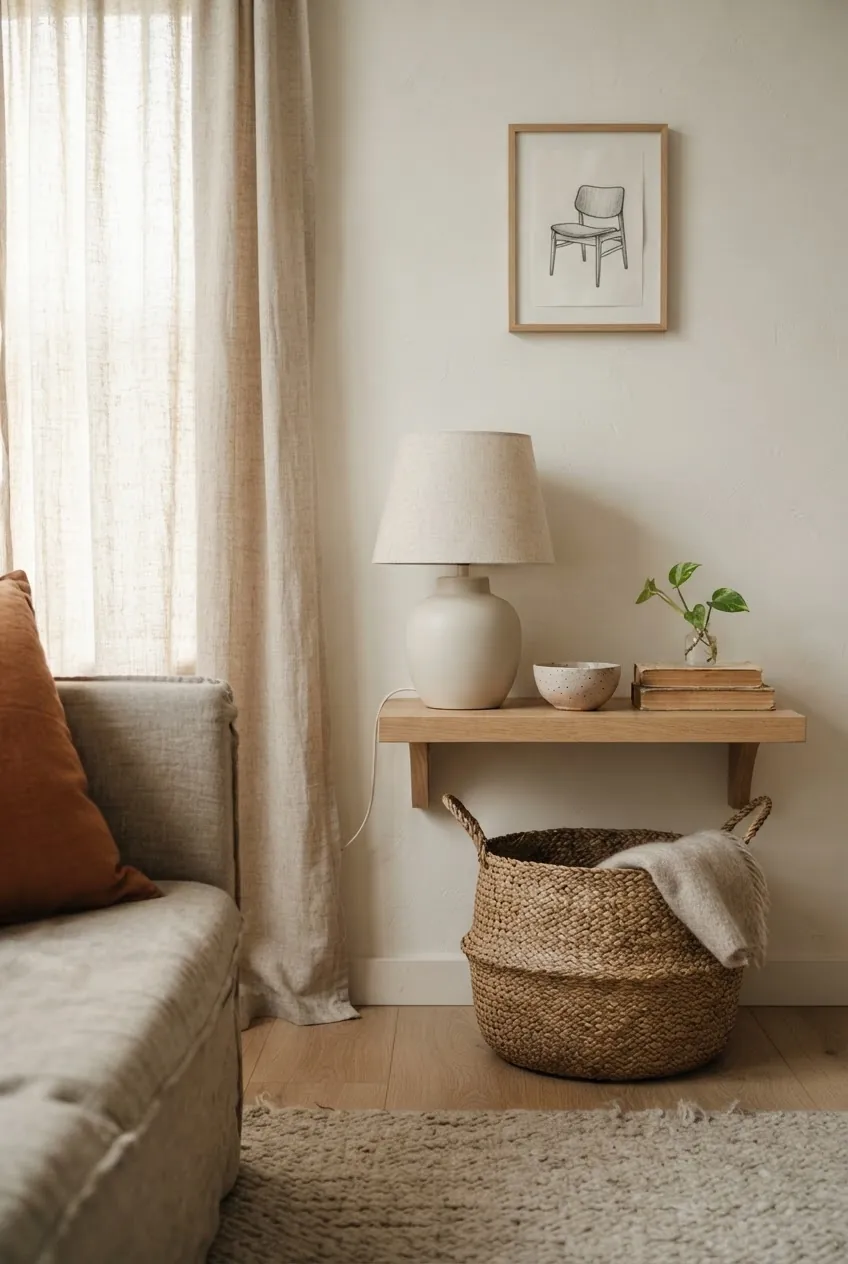 Cozy tiny home decor using linen, wool, wood, and edited personal details