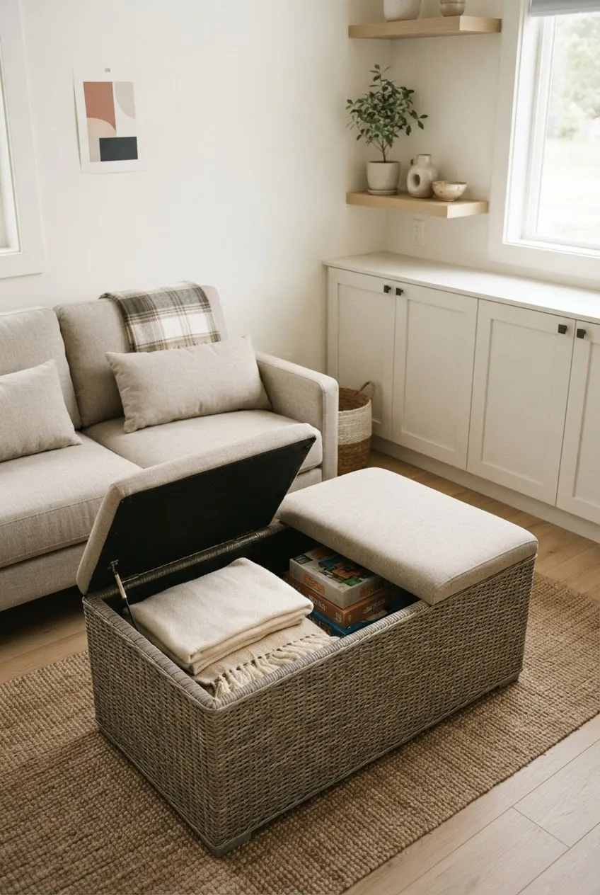 Tiny house living room with storage ottoman, low cabinets, and organized decor