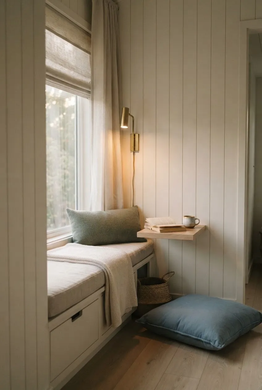 Small living area in a tiny house with window seat, reading lamp, and soft curtains