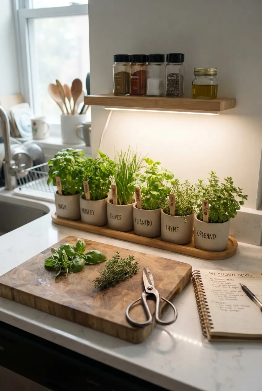 DIY indoor herb garden food station with cooking herbs in removable pots
